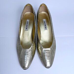 Vintage JASMIN Gold Metallic Croc-Embossed Leather Kitten Heels Women's Size 6.5